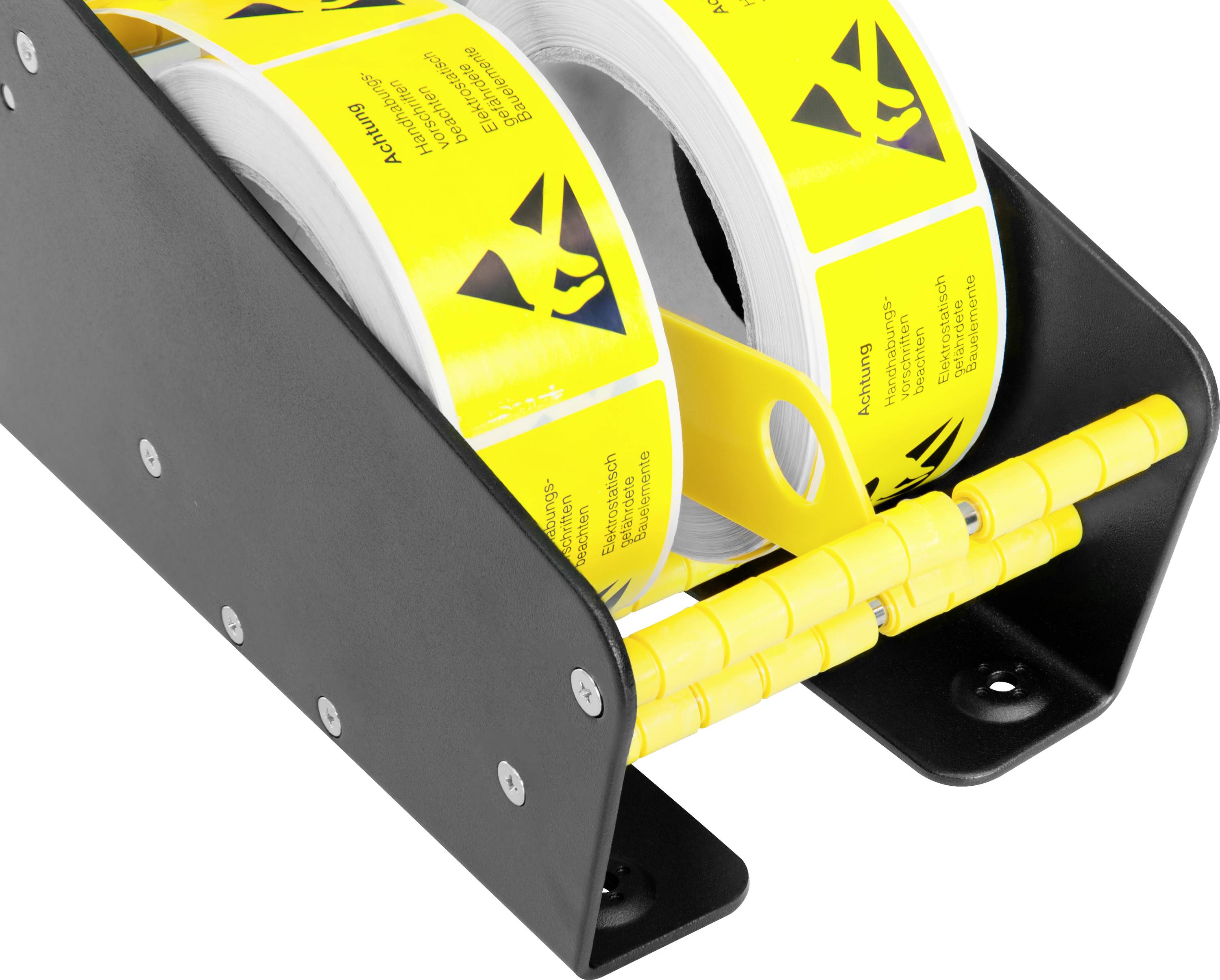 Label dispenser with two yellow rolls, carrying symbols and warnings for electrostatic discharge (ESD).