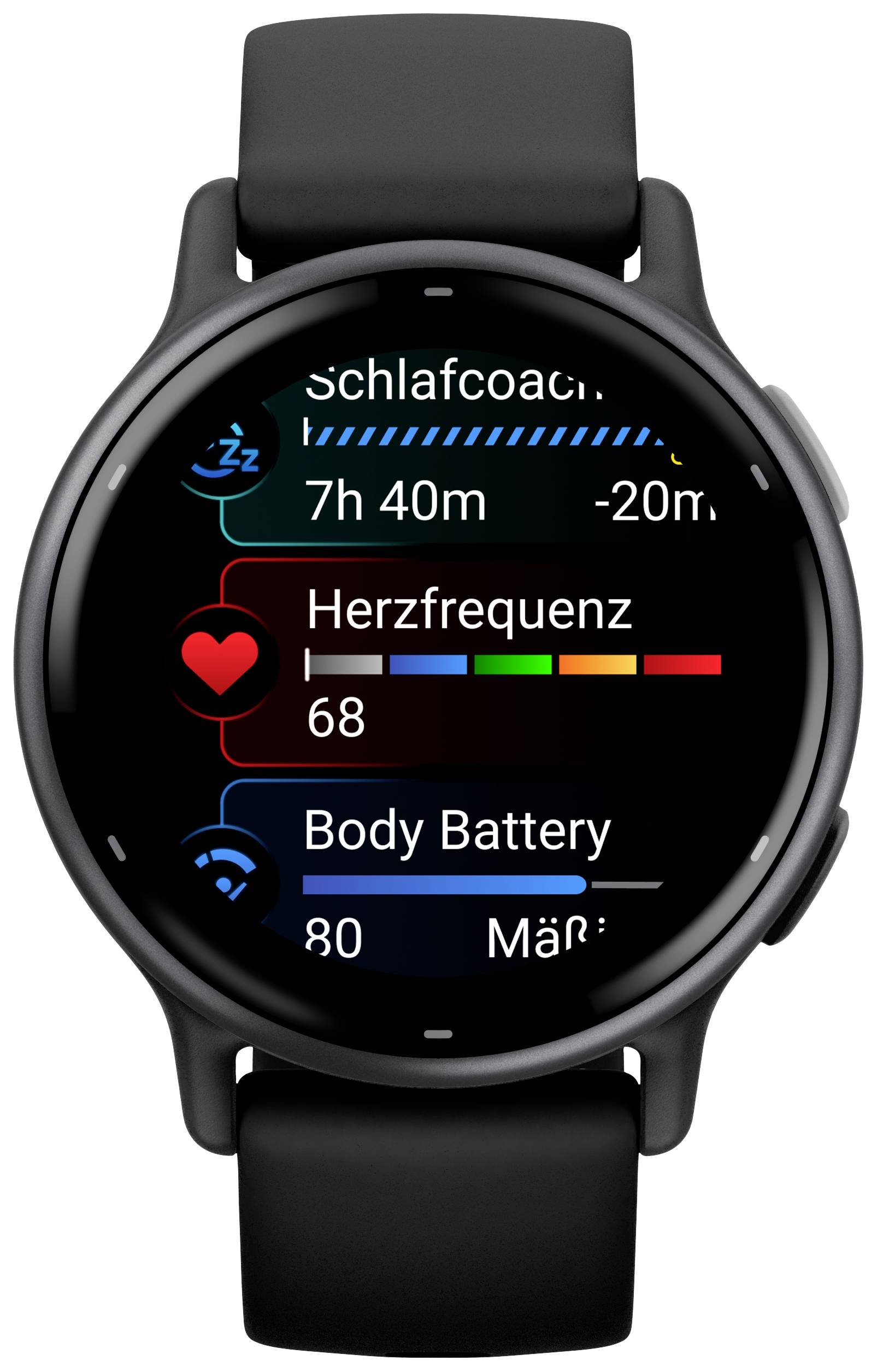 Smartwatch screen displays: 'Sleep coaching' with 7h 40m, 'Heart rate' at 68, 'Body Battery' at 80. Dark background design.