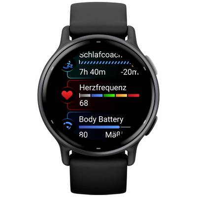 Smartwatch screen displays: 'Sleep coaching' with 7h 40m, 'Heart rate' at 68, 'Body Battery' at 80. Dark background design.