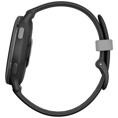 Black smartwatch in side view; shows a round case with two side buttons and a smooth strap.