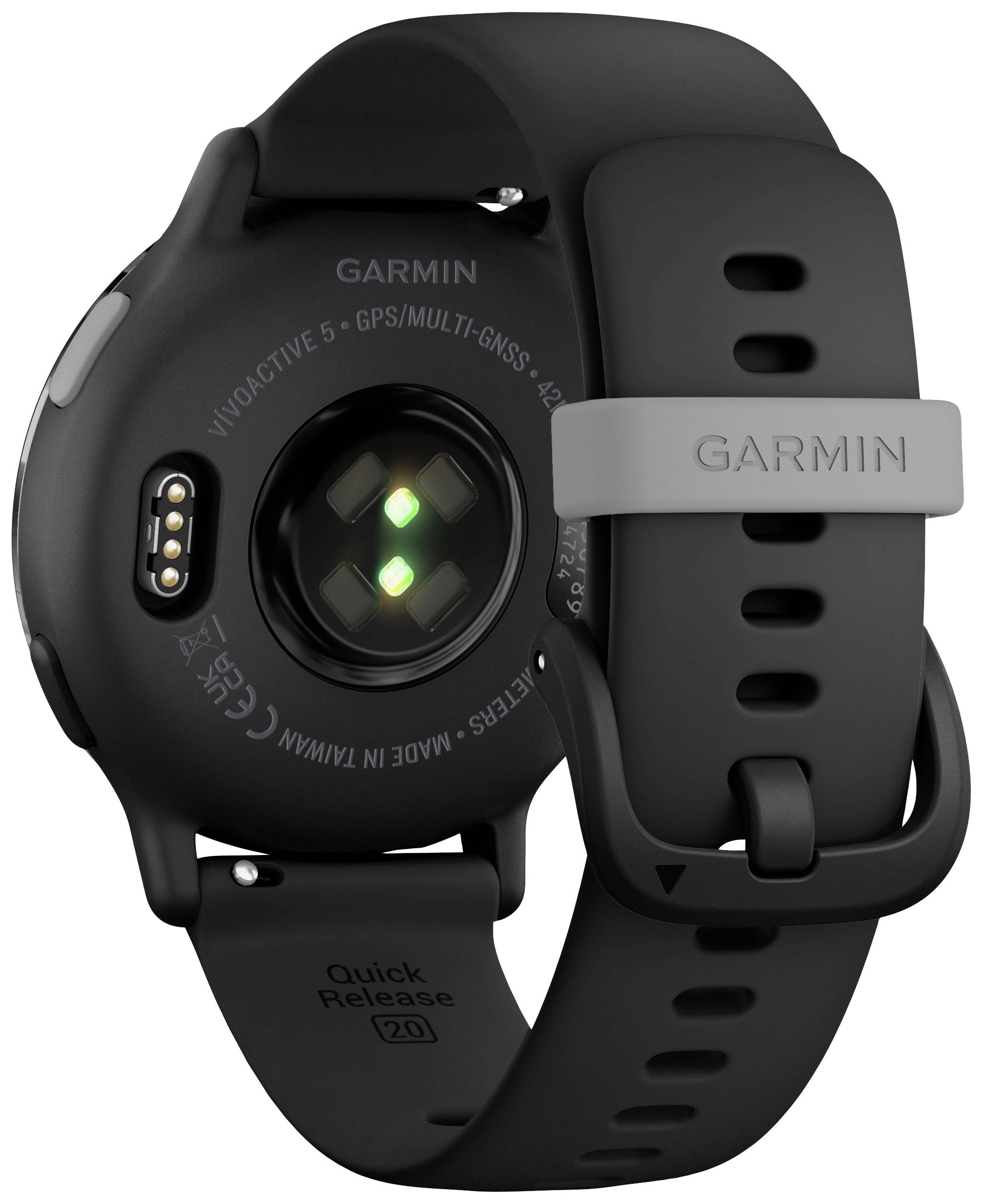 Back of a black smartwatch with a green LED and Garmin logo on the wristband.
