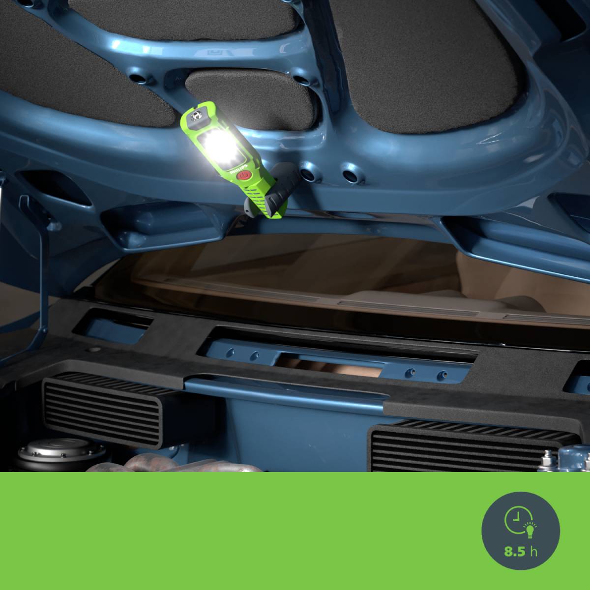 A green LED light illuminates the engine compartment of a car. In the bottom right, a symbol shows a battery with 8.5 hours of runtime.