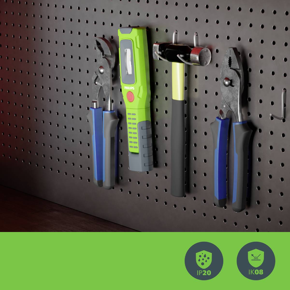 A tool wall with pliers, lamp and hammer. Below, symbols for protection types: IP20 and IK08.