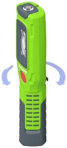 Green portable torch with a rotatable head, ergonomic handle, and red power button. Brand name visible on the front.