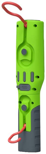 Green, portable, rod-shaped work light with two red hooks and grey grip areas, suitable for hanging.