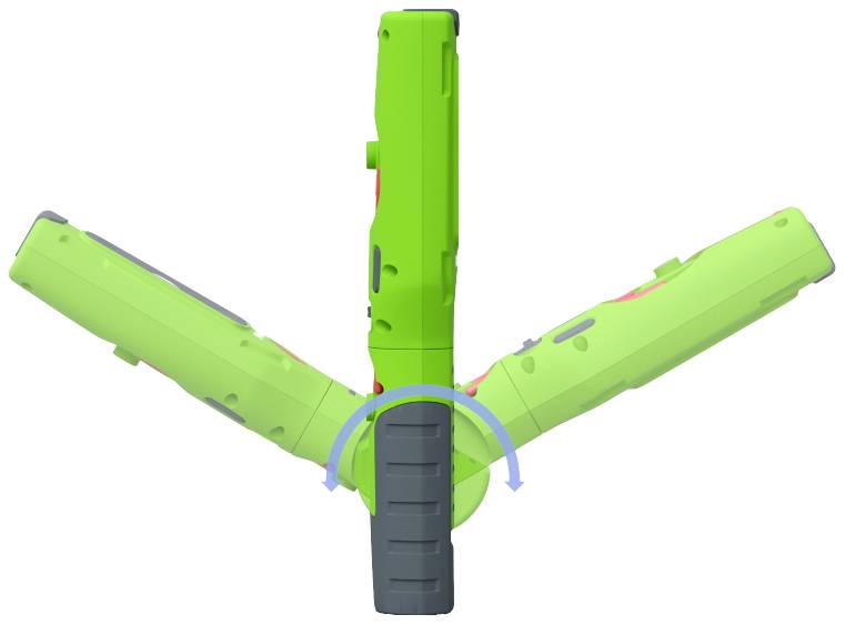 Tool shown in three inclination positions, coloured green with a grey handle. Arrows indicate a pivoting movement.
