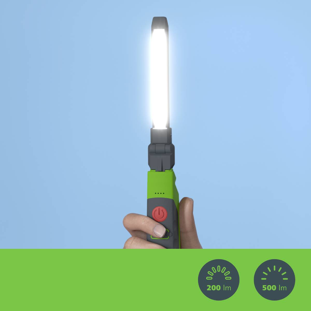A hand holds a glowing, green torch against a blue background. The display below shows modes: '200 lm' and '500 lm'.