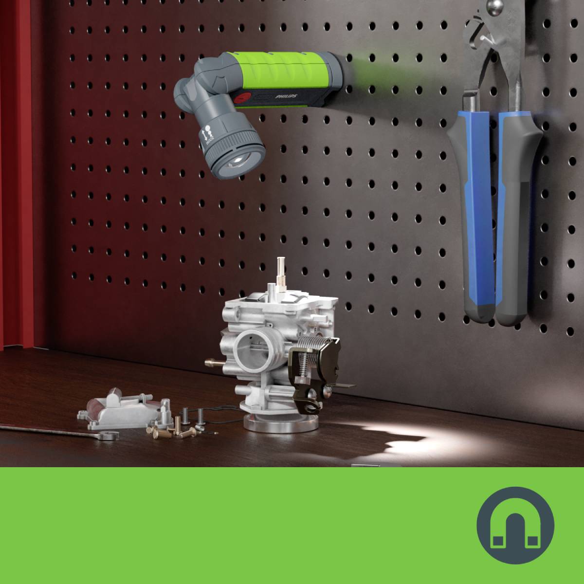 A workbench with a green lamp and a blue pliers hanging on a pegboard. A logo in green is located at the bottom right.