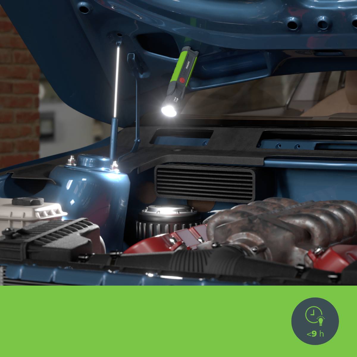 'View under an open bonnet, with a work light and technical components such as a rotating fan.'