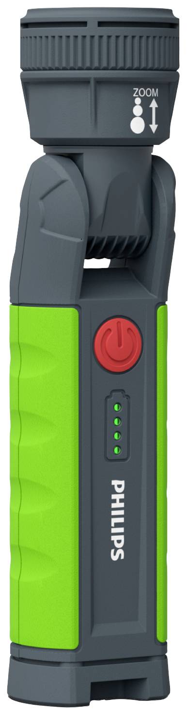 A green and black torch with a red power button and a battery LED indicator. At the top, there is a zoom symbol.