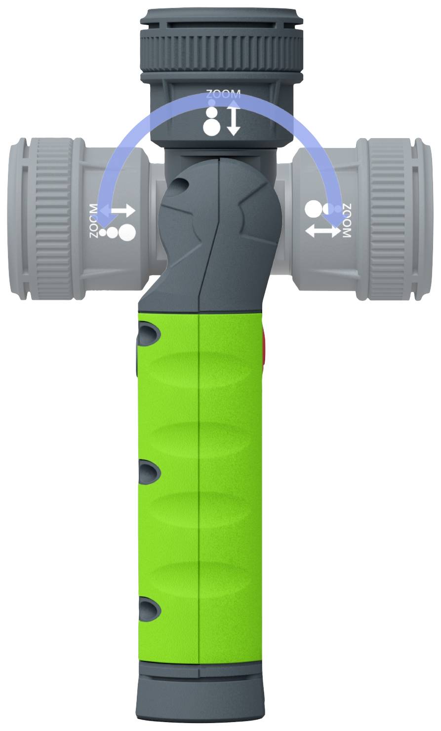 A green torch with an adjustable head that rotates at an angle and shows zoom options.