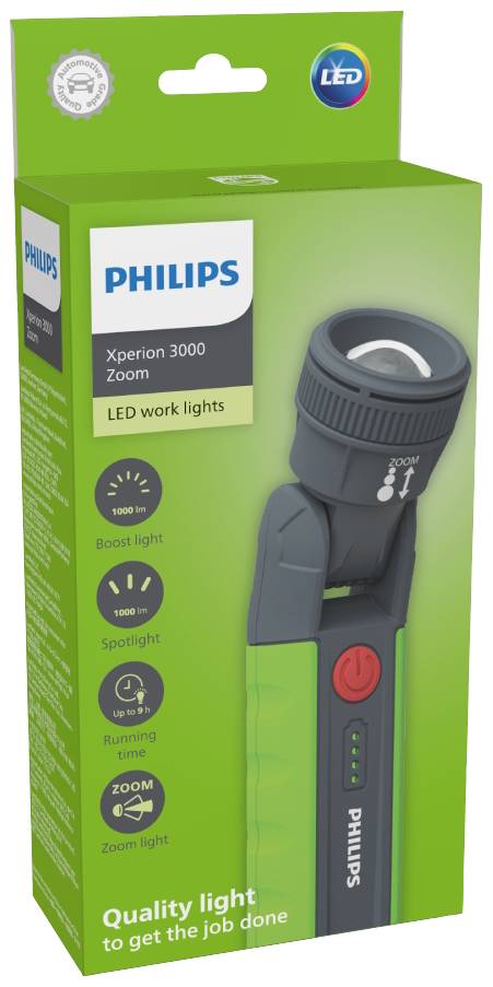 Philips Xperion 3000 Zoom LED work light in green packaging with 1000 lumens, zoom function and long runtime.