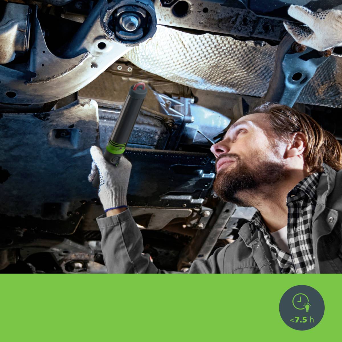 'Man inspects vehicle underside with a torch, wearing workwear and gloves. Green bar with clock symbol at the bottom.'