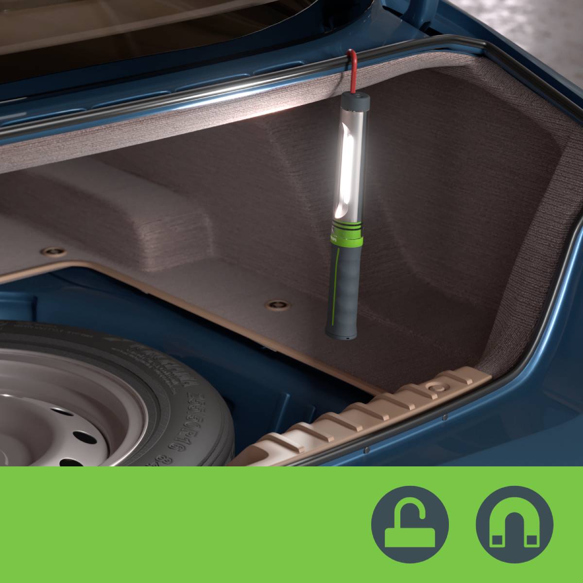 A bright torch hangs in the open boot of a car. In the background, there are symbolic images of a padlock and charging.