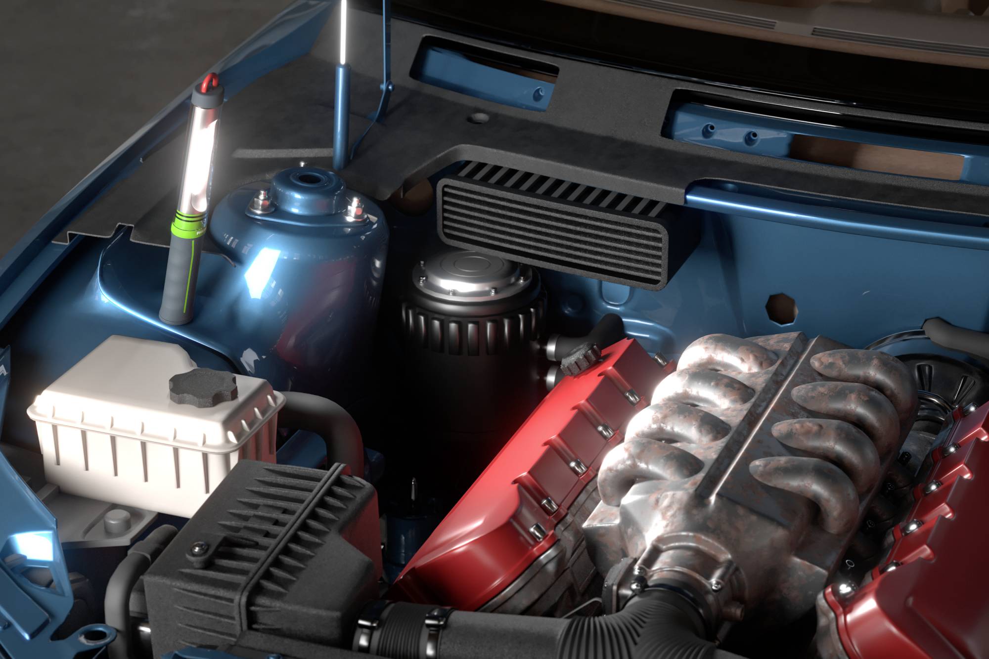 Engine bay of a car, featuring a powerful engine with a red cover, surrounded by various automotive parts and hoses.