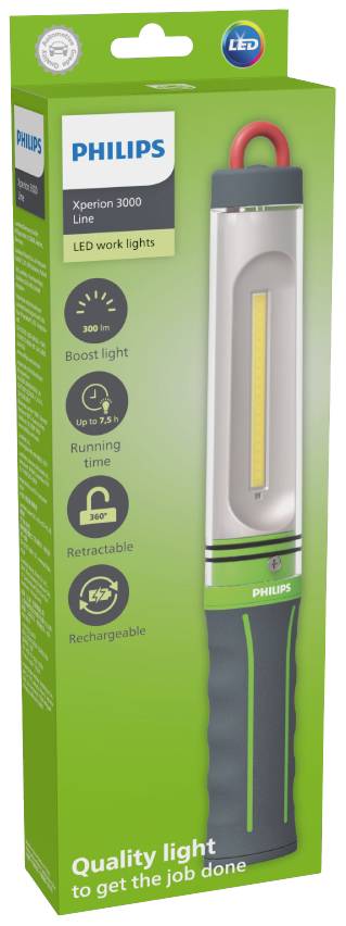 Philips Xperion 3000 LED Work Light in green and black packaging. Features: Rechargeable, extendable, with boost light function.