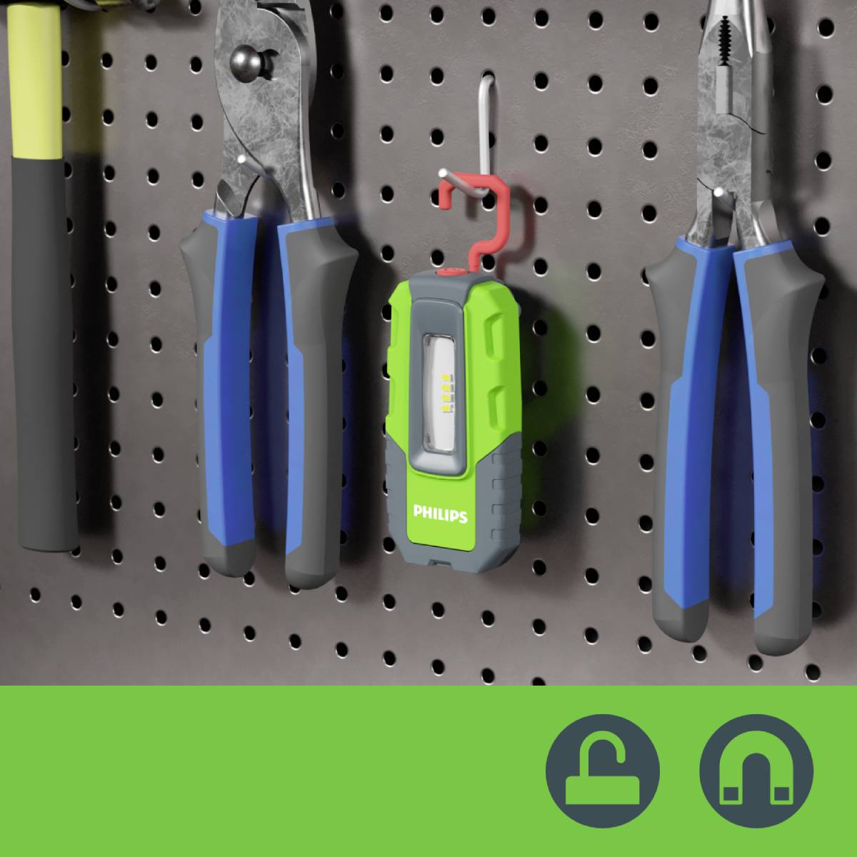 Tool wall with a hammer, two pliers and a green 'Philips' charger, hung on a pegboard. Lock and headphone symbols below.