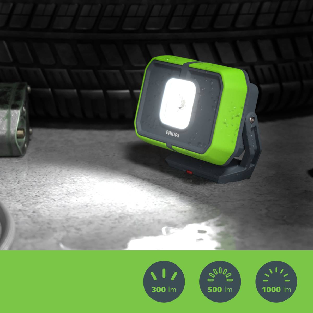 A portable LED lamp shines brightly on the ground in front of a car tyre. Symbols indicate luminous intensities of 300 lm, 500 lm and 1000 lm.