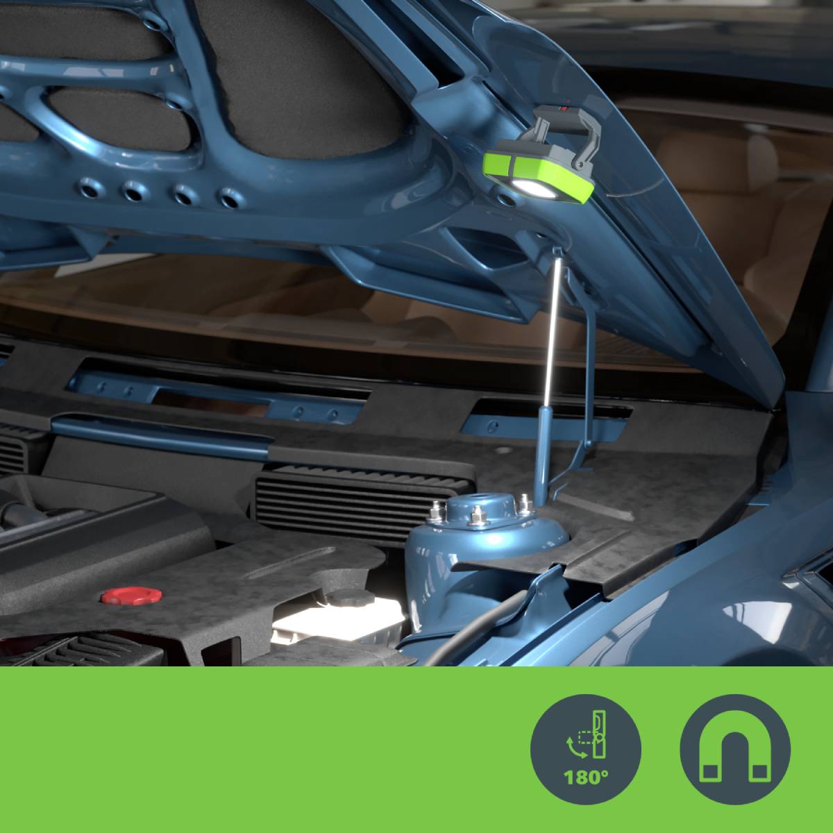 Car with an open bonnet, workshop lamp illuminating the engine compartment. Pictogram in the bottom right shows the lamp's range of movement.