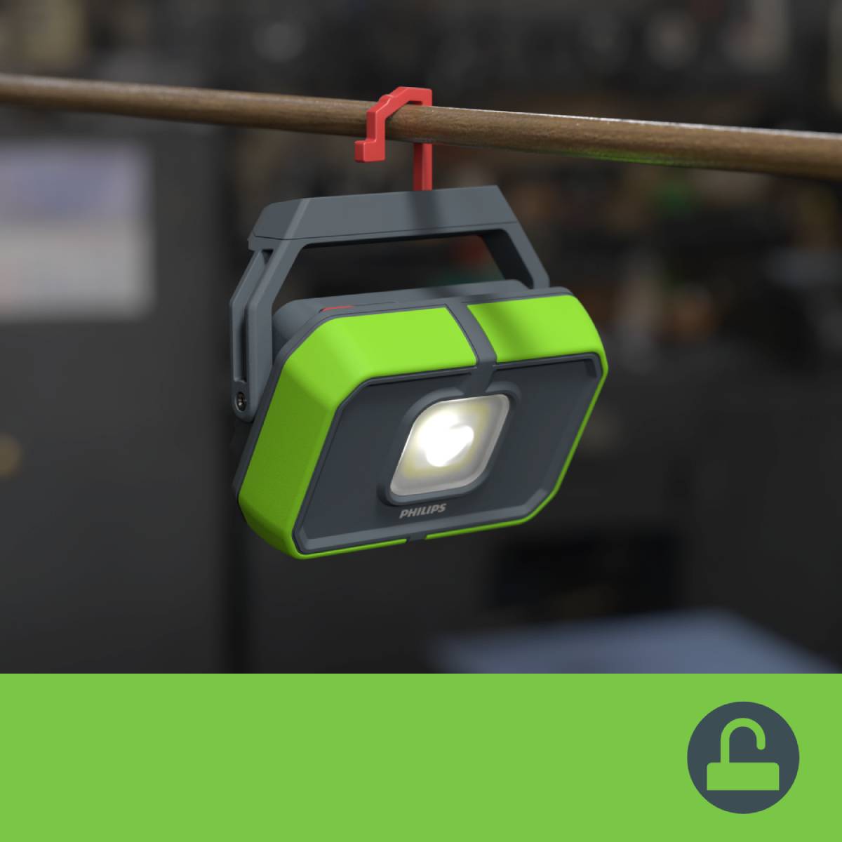 Green Philips LED light hanging on a metal rod, shown in a product presentation.