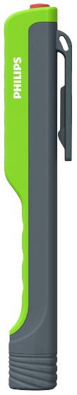 Compact torch with a green casing and black clip, positioned vertically. The brand name 'Philips' is visible.