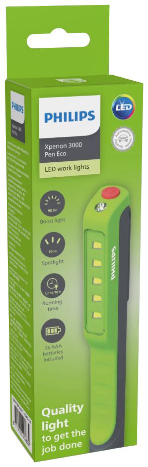 Green packaging for the Philips Xperion 3000 Pen Eco LED Work Light, showing product image and features such as 'Quality for Your Work'.