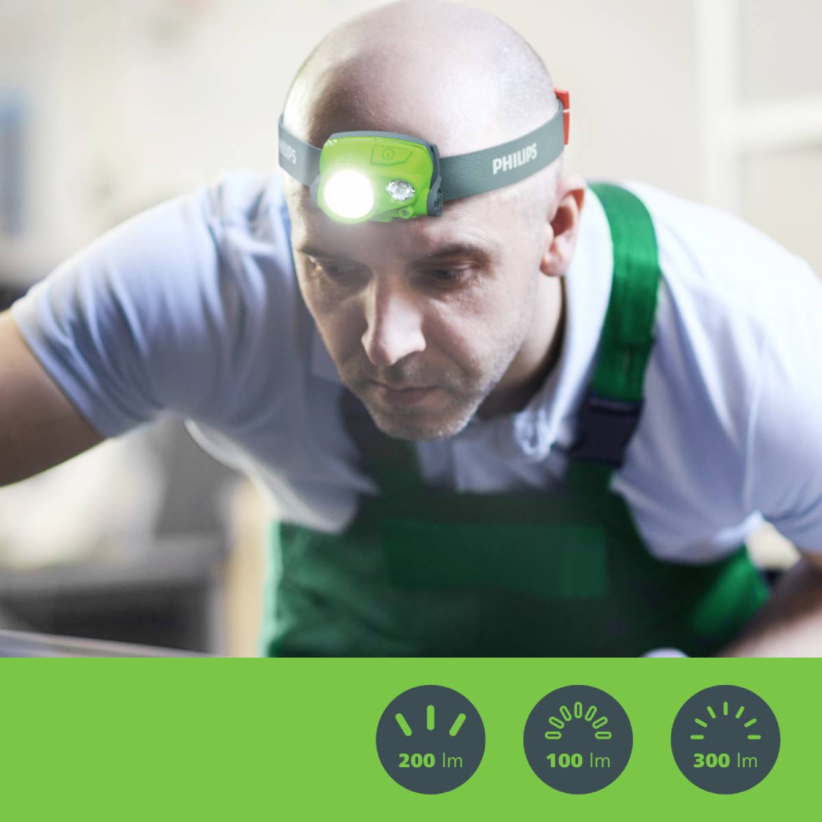 A man in workwear is wearing a head torch and leaning forward. Below are symbols for 200 lm, 100 lm, 300 lm.