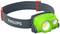 Green head torch by Philips with elastic headband and adjustable tilt angle, suitable for outdoor activities.