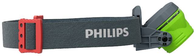 Head torch with adjustable elastic strap, green casing and 'PHILIPS' print. Ideal for hands-free lighting.