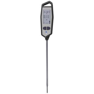 A digital thermometer displays '21.6 °C' on a grey screen, mounted on a metallic rod.