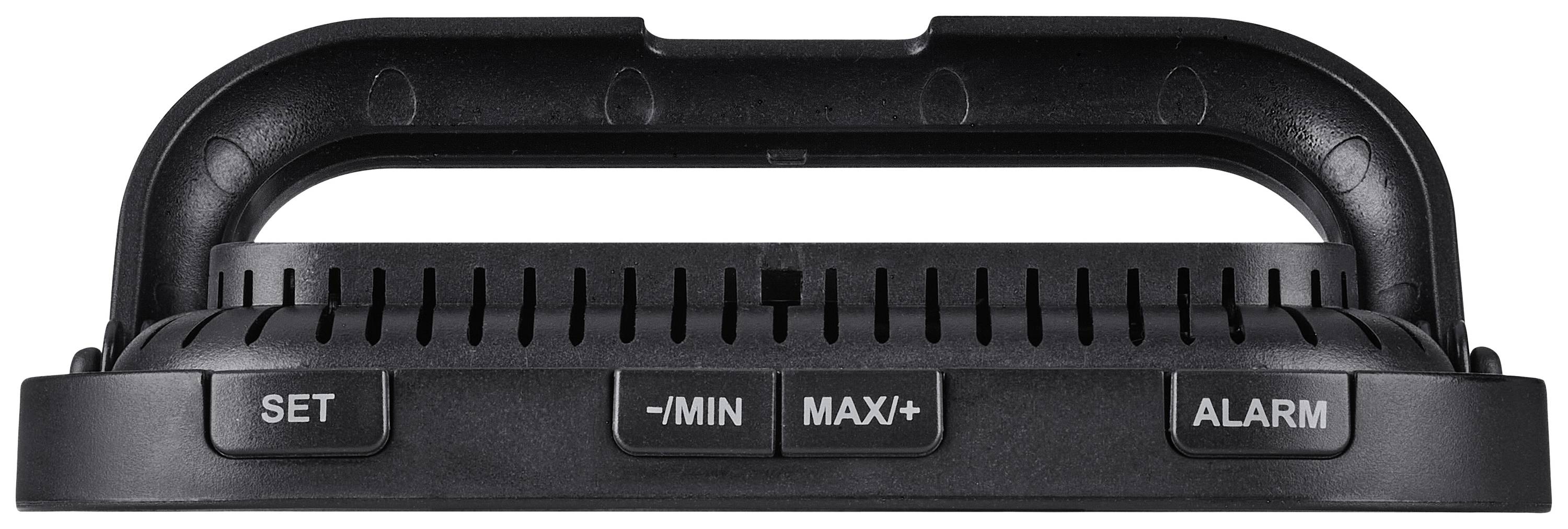 Black temperature controller with four buttons: 'SET', '-/MIN', 'MAX/+', 'ALARM'. Ventilated on top, portable handle visible.