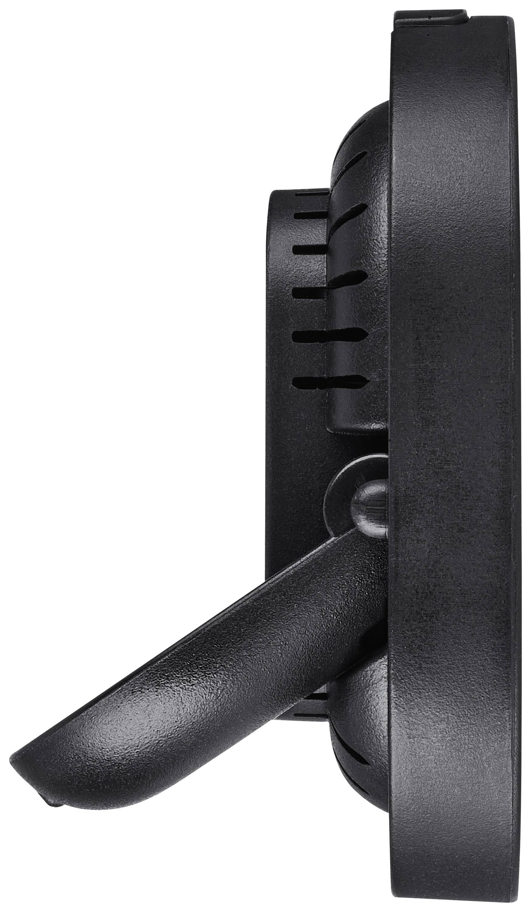 Side view of a black, wall-mounted clock housing with visible hinged mechanism and ventilation openings.