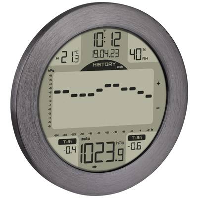 Digital barometer with round display shows time, date, air pressure trend, temperature and humidity.