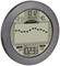 Digital barometer with round display shows time, date, air pressure trend, temperature and humidity.