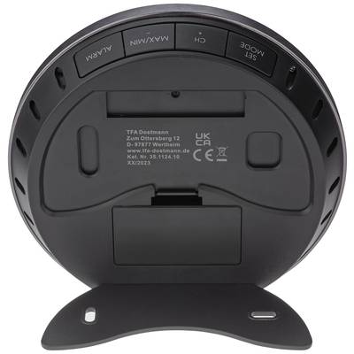 Back of a device with battery compartment and buttons for 'Alarm', 'Max/Min', 'CH', 'Mode'. Manufacturer TFA Dostmann, Model number 30.1124.10.