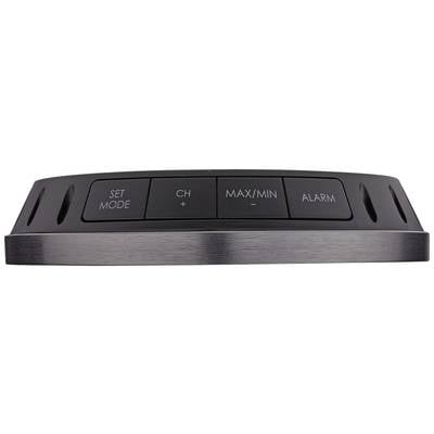 Flat, black device with four buttons: 'SET MODE', 'CH +', 'MAX/MIN -', 'ALARM'. Used for controlling functions.
