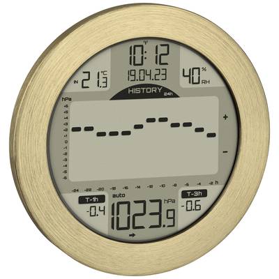 Digital barometer with round display shows time, date, indoor and outdoor temperature, humidity, air pressure progression and trend.