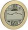 Digital barometer with round display shows time, date, indoor and outdoor temperature, humidity, air pressure progression and trend.
