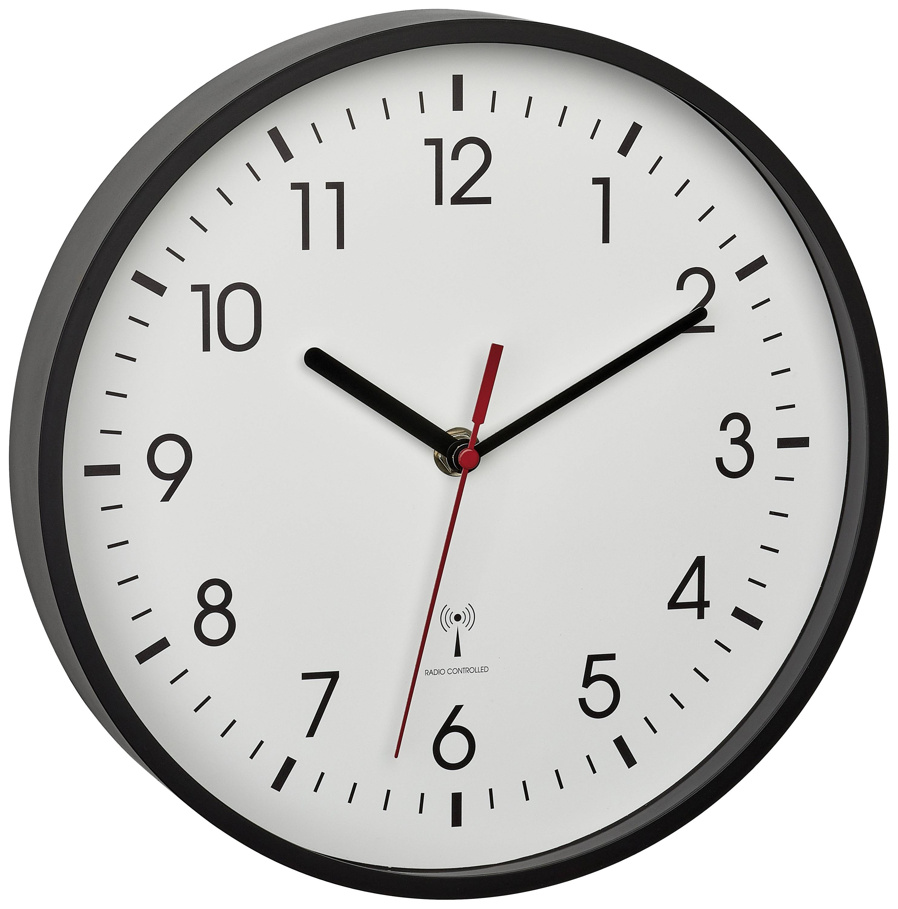 A round wall clock shows 10:10. It has a white dial with black numbers and red hands.