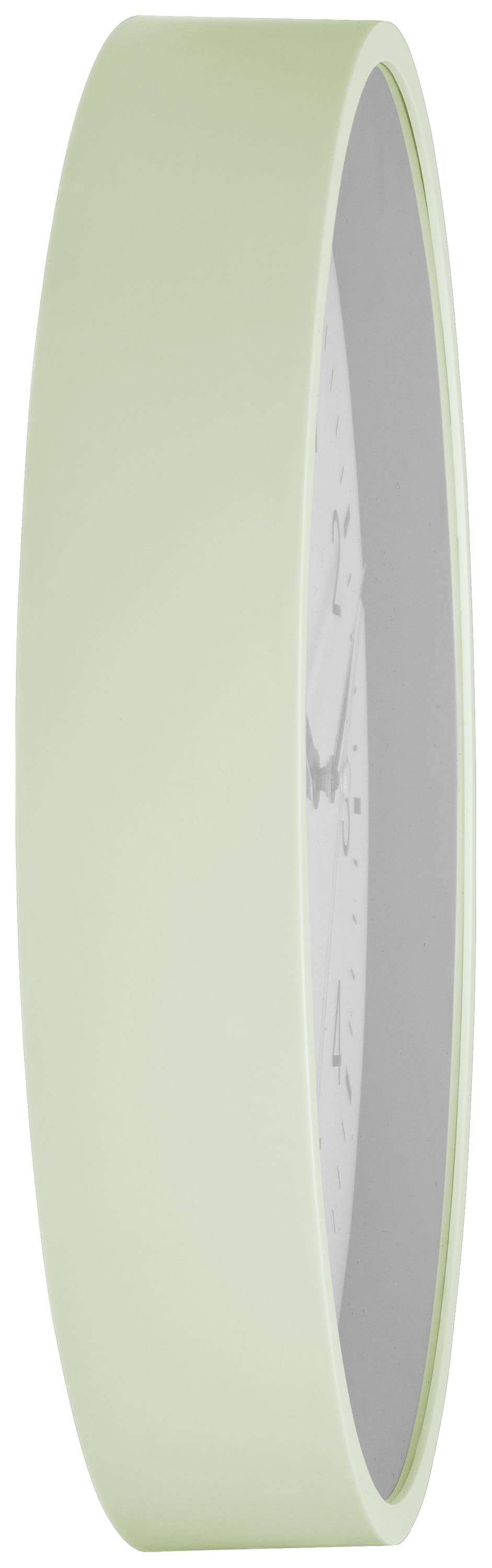 Side view of a round, modern clock with a light-coloured frame and minimalist design. The dial and hands are barely perceptible.