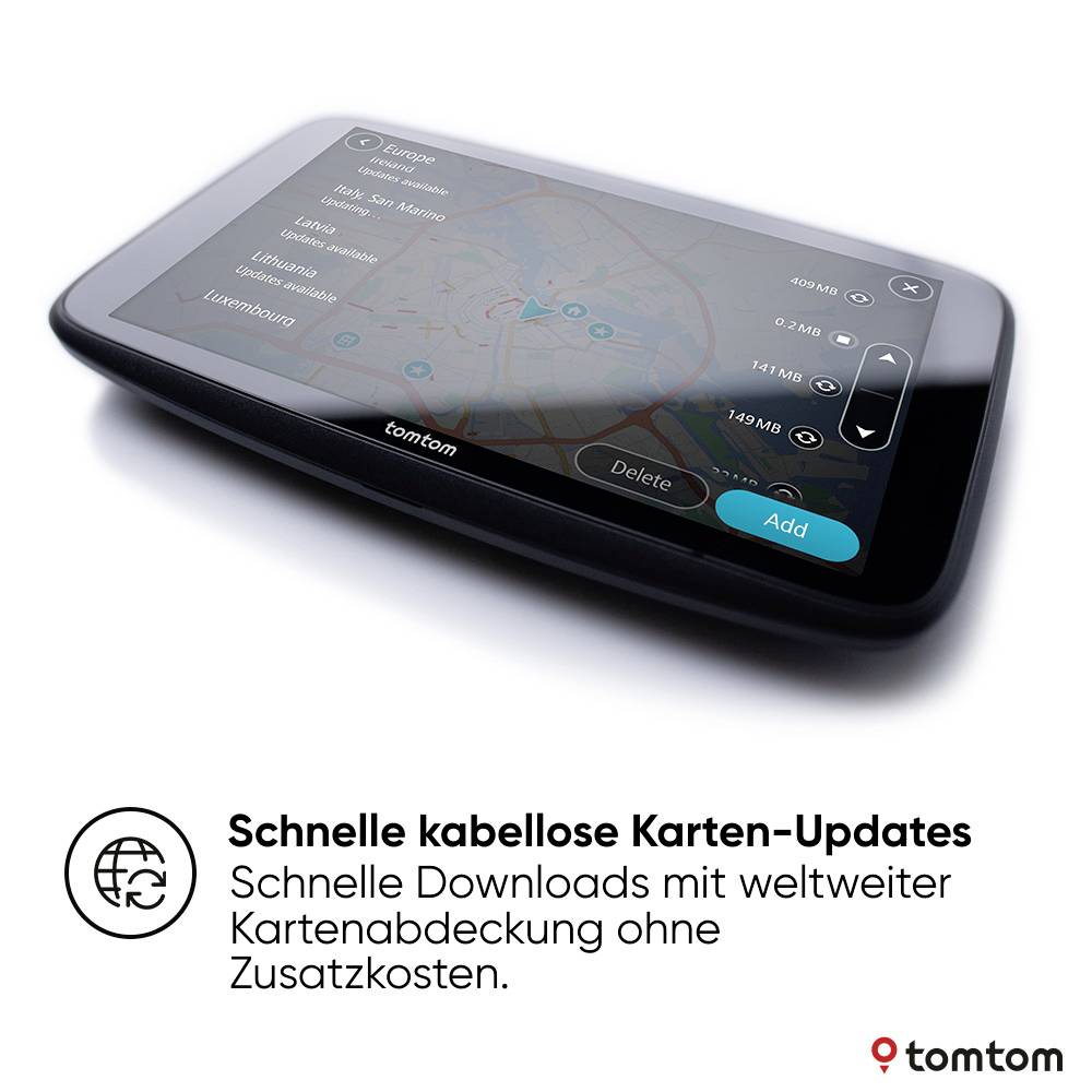 'Satellite navigation device with screen showing map update settings. Text: Quick wireless map updates at no extra cost.'