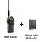 Handy CB radio transceiver 'Alan 42 DS' alongside a lithium battery with 2800 mAh. The device displays battery level and channel information on the screen.