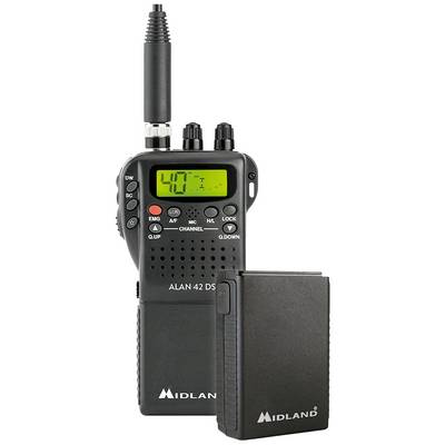 Portable handheld radio with display showing channel number '40', control buttons and removable battery unit. Brand 'Midland'.