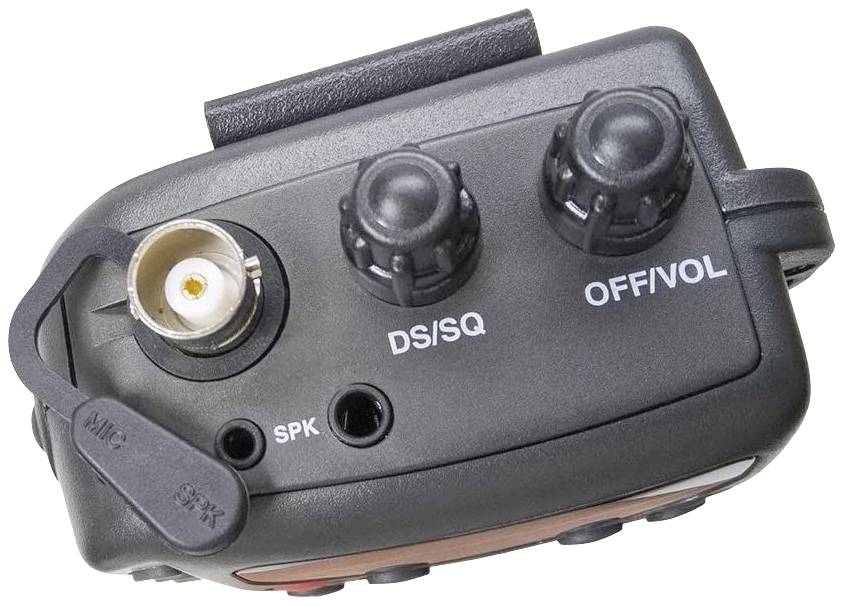 'Radio unit control panel with antenna connection, volume control, DS/SQ controller and sockets for microphone and speaker. Functions for communication and adjustment.'