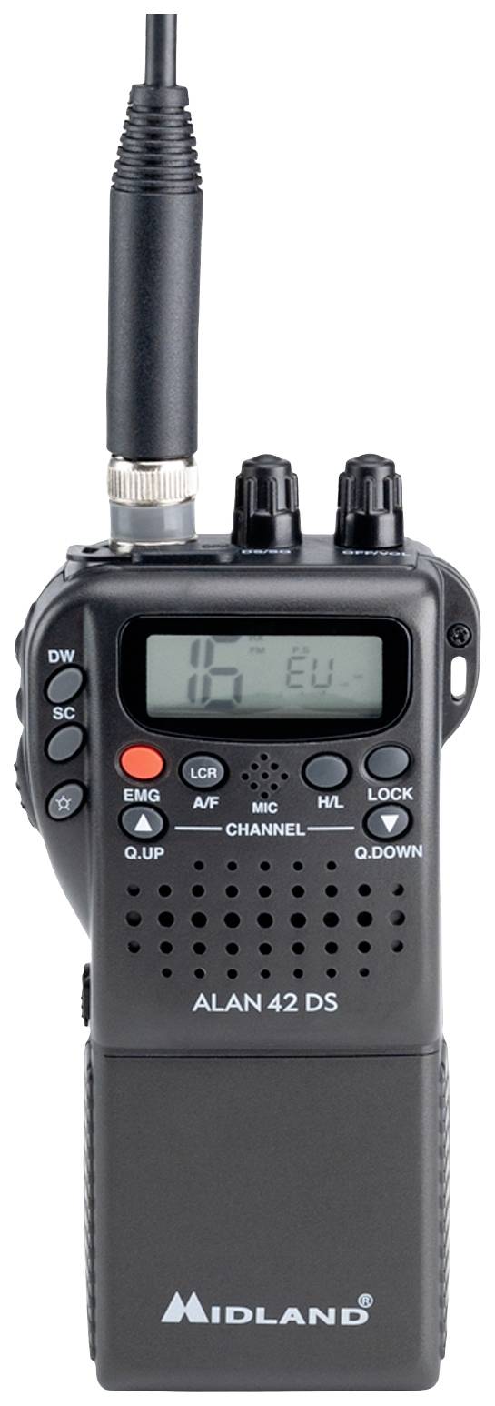 Portable radio transceiver with display and antenna, showing channel number. Model label: 'ALAN 42 DS'.