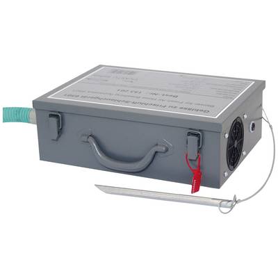 Grey metallic enclosure with handle and ventilation, connected to an earthing cable and an earthing probe.