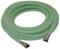 Green garden hose with metal connectors, coiled in a circle, ready for use in the garden or for watering.