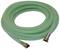 Green, ribbed garden hose with two metal connectors.