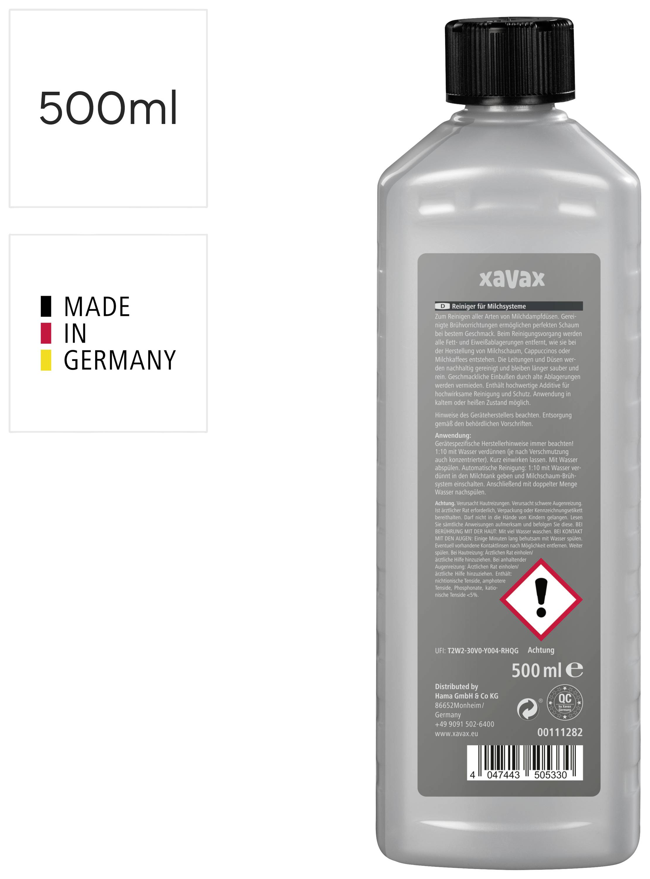 'Xavax' household cleaner, grey 500ml bottle, warning symbol on the front. Text 'Made in Germany'.