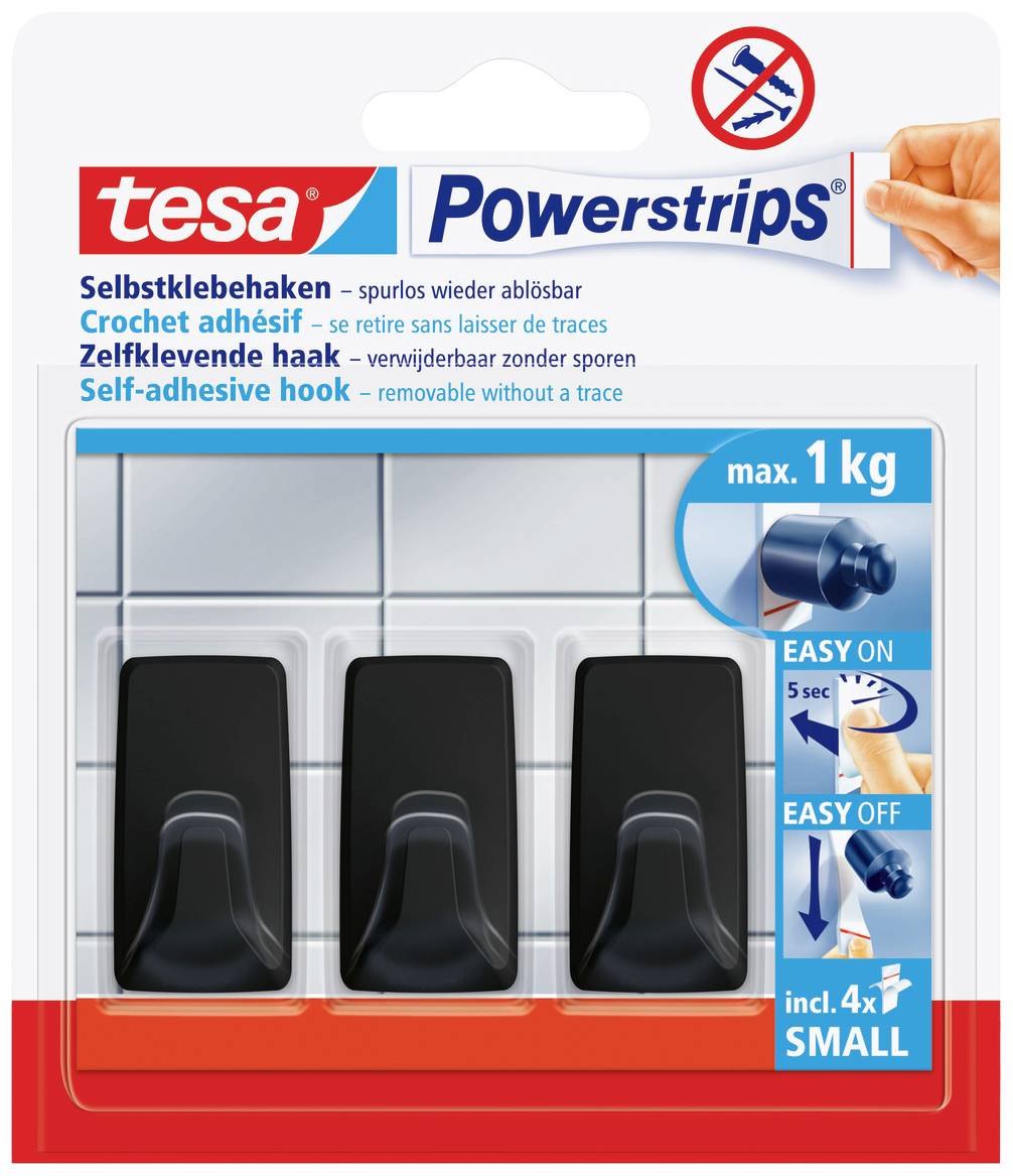 tesa Black Hooks S Powerstrips Self-adhesive hook Small angled (W x H) 14 mm x 34 mm Black Content: 3 pc(s)